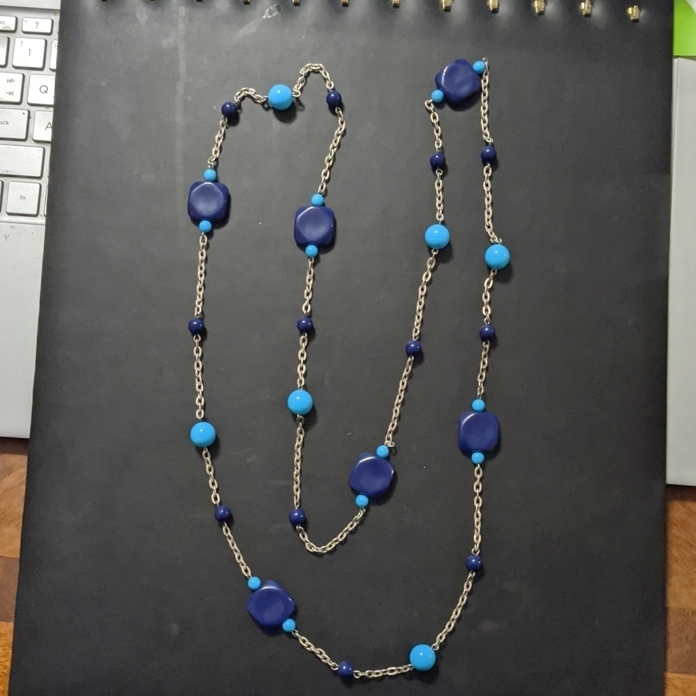 Silver Tone Blue Beaded Long Statement Necklace